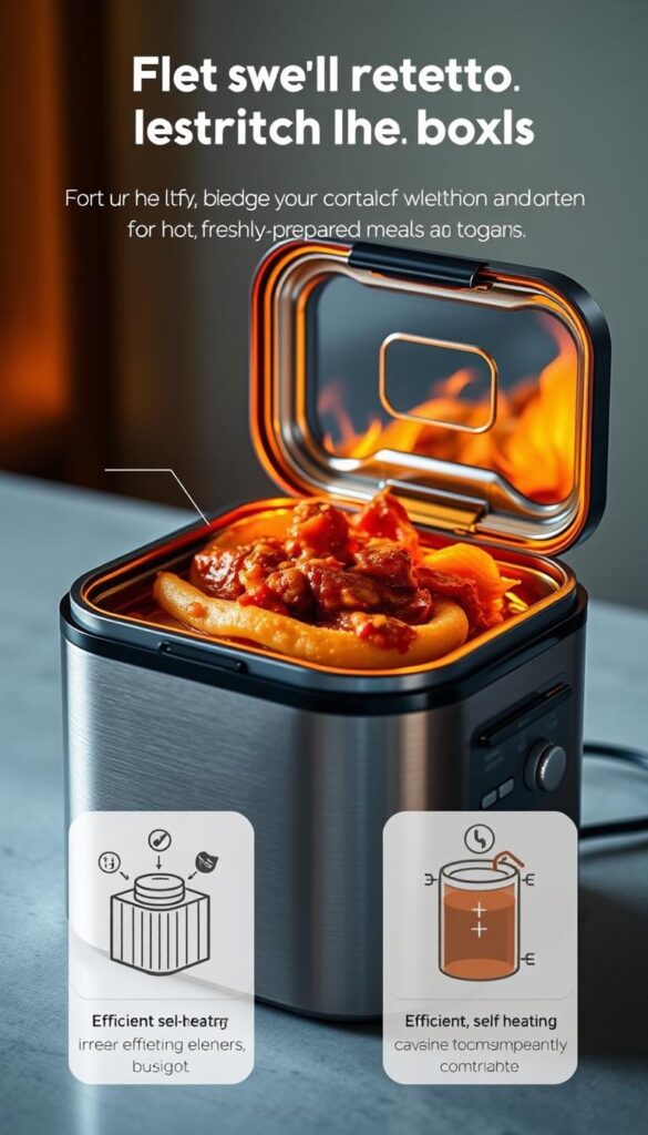 A compact, sleek electric lunch box sits on a table, its interior illuminated by a warm glow. The brushed metal exterior gleams under the soft, indirect lighting, while the transparent lid reveals a hearty, steaming hot meal. Detailed diagrams and schematics depict the advanced self-heating technology within, with labels highlighting the efficient heating elements and temperature controls. The scene conveys a sense of modern convenience and functionality, perfectly suited for on-the-go individuals who demand hot, freshly-prepared meals wherever they go.